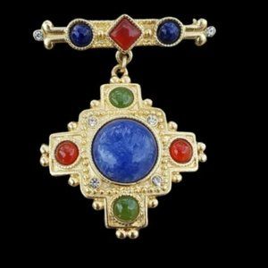 Vintage 1980's Jeweled Maltese Cross Brooch Signed